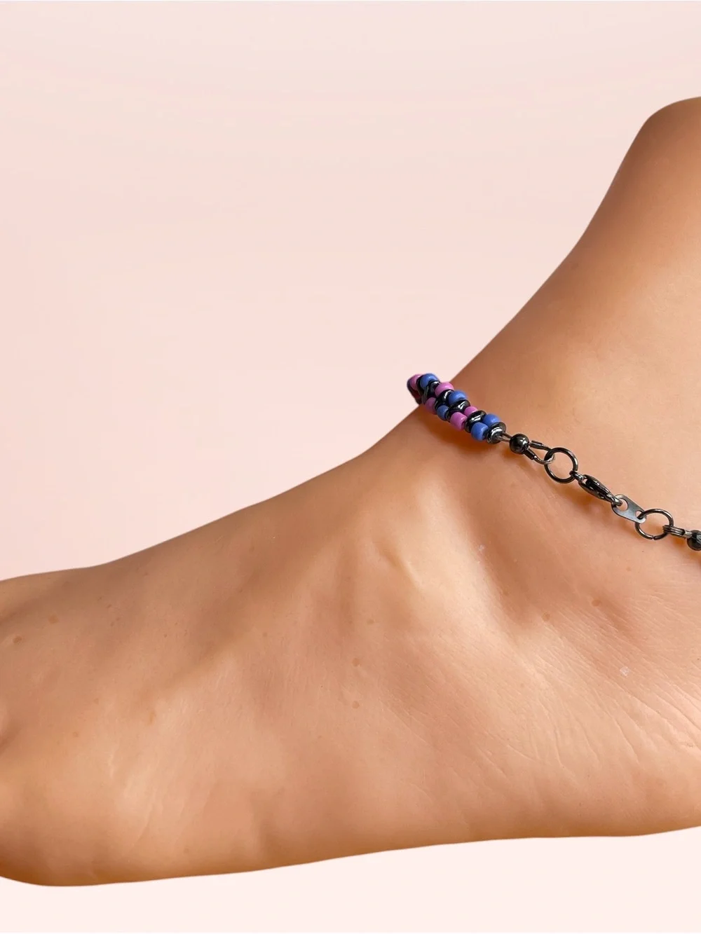 Handmade Pink Blue Black Beaded Anklet
